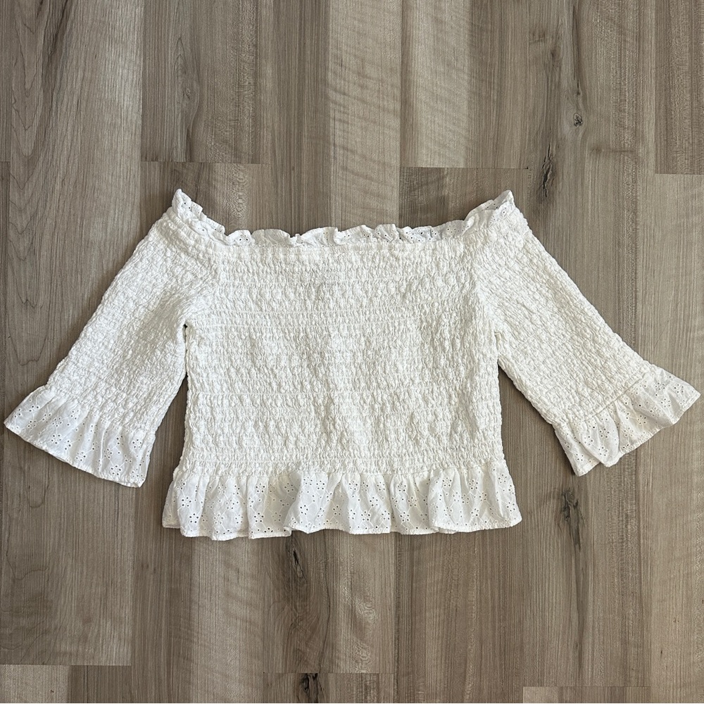 NWT Urban Outfitters White Off-the-Shoulder Smocked Eyelet Top